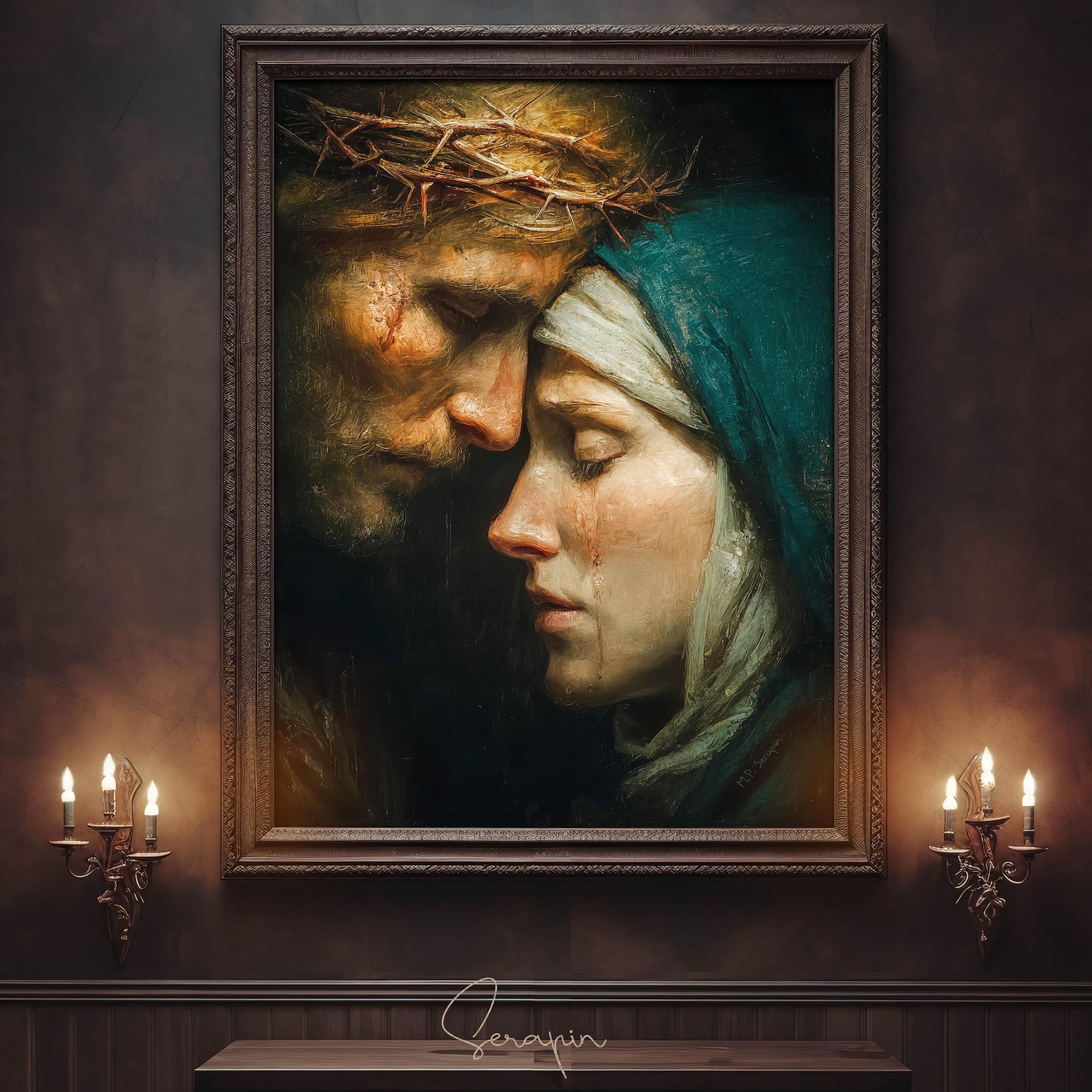 Goodbye Mother - Jesus and Mary Embrace, Son Gift, Comfort, Catholic Religious Marian Blessed Virgin Vertical Fine Art #074