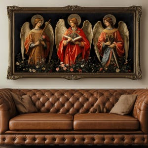 Archangels Michael Gabriel and Raphael - Spiritual Warfare Protection Catholic Ultra-wide Panoramic Triptych Horizontal Art Print #046