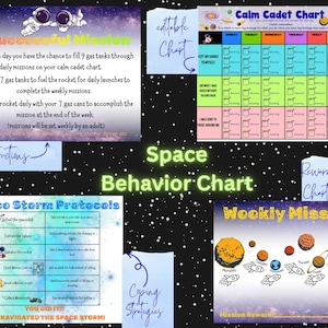May include: A space-themed behaviour chart titled "Space Behavior Chart." It features sections for daily and weekly missions, and coping strategies. The chart includes illustrations of planets, rockets, and astronauts, with text such as "Successful Mission" and "Weekly Mission."