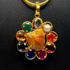 Macch Mani Navratan Pendant: Handcrafted Brass Nine Gemstone Astrological Necklace