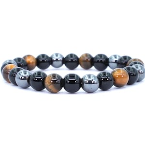 Triple Protection Bracelet: Hematite, Obsidian & Tiger Eye - Unisex Healing Jewelry