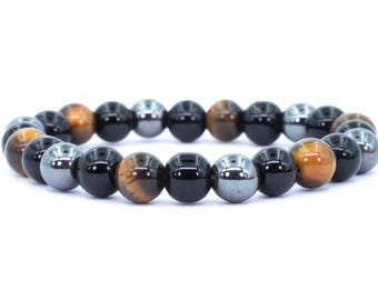 Drievoudige beschermingsarmband: hematiet, obsidiaan en tijgeroog - uniseks genezende sieraden