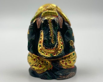 Handcrafted Green Jade Ganesha Statue: Hindu Elephant Figurine