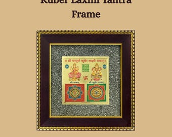 Natural Pyrite Kuber Laxmi Yantra Frame, Vastu Prosperity Art, Money Attraction Home Altar Decor, Spiritual Business Owner Gift