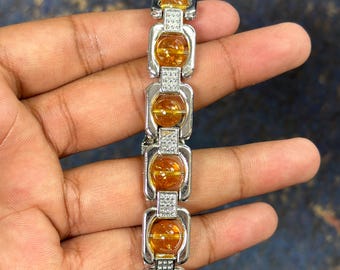 Natural Citrine Link Bracelet, 7.5 Inch Success & Abundance Stone Jewelry, Golden Yellow Crystal Bracelet for Wealth, Gift for Him or Her