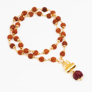 Rudraksha Mala Necklace: Natural Beads, Brass Caps, Shiva Trishul Pendant