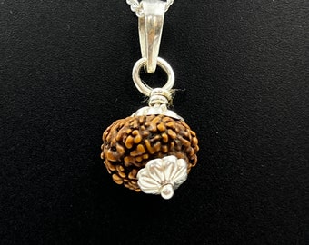 Ciondolo Rudraksha 8 Mukhi Originale In Argento 925 - Autentico Bead Nepalese Spirituale Per Meditazione E Protezione - Certificato