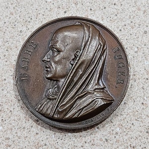 Vintage 1820 L&#39;Abbe Suger Galerie Metallique Des Grands Hommes Francais 1-5/8 Inch Bronze Medallion- France Rare French Medal Series Token