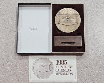 Vintage 1985 John Deere Logo Tractor, Backhoe And Lawn Mower Calendar 3 Inch Bronze Medallion, Wooden Stand, COA & Box By Medallic Art Co
