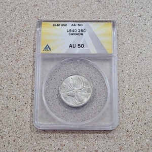 1940 Canada 25 Cents Coin  ANACS Graded AU50- 25C King George IV 80% Silver Coin- Canadian Caribou- Almost Uncirculated- Royal Canadian Mint