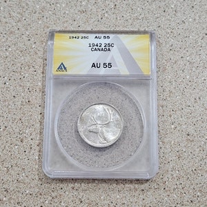1942 Canada 25 Cents Coin ANACS Graded AU 55- 25C King George IV 80% Silver Coin- Canadian Caribou- Almost Uncirculated- Royal Canadian Mint