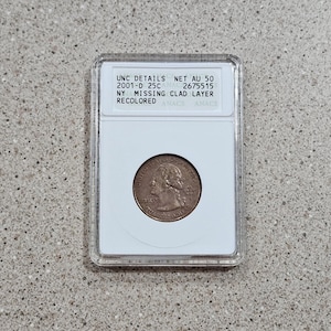 2001 D New York State 25 Cents Washington Quarter Mint Error Coin "Missing Clad Layer Recolored" ANACS Slabbed & Graded At UNC Details AU50