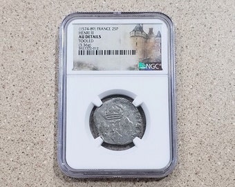 1574-89 France 2SP Henri III Silver Coin NGC Slabbed & Graded AU Details 3.36 Grams Tooled Ancient French Coin Very Rare