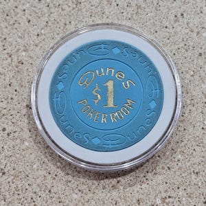 Vintage 1988 Dunes Poker Room 1 Dollar Light Blue Hotel Casino Clay Chip With The House Mold & HS Gold Inlay From Las Vegas, Nevada- RARE