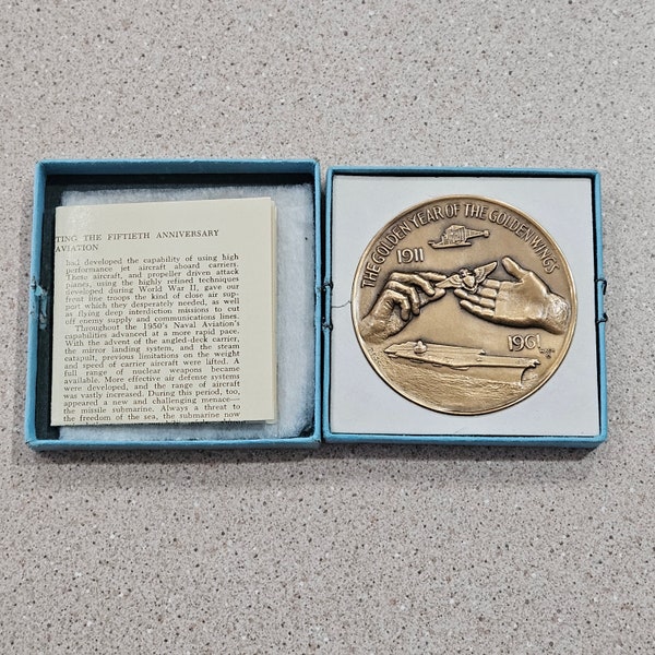 Vintage 1911-1961 Navy Naval Aviation 50th Anniversary The Golden Year Of The Golden Wings 2.5" Bronze Medallion, Original Box & Paperwork