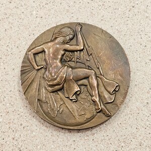 Vintage 1955 French General Union Of Electrical Construction Lightning Bolts 2-5/8 Inch Bronze Medallion By Paris Mint Artist Ray Pelletier