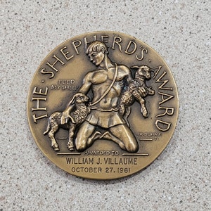Vintage 1961 The Shepherd&#39;s Award &quot;Feed My Sheep&quot; National Council Of Churches of Christ 2.75 Inch Bronze Medallion- Medallic Art Co- RARE