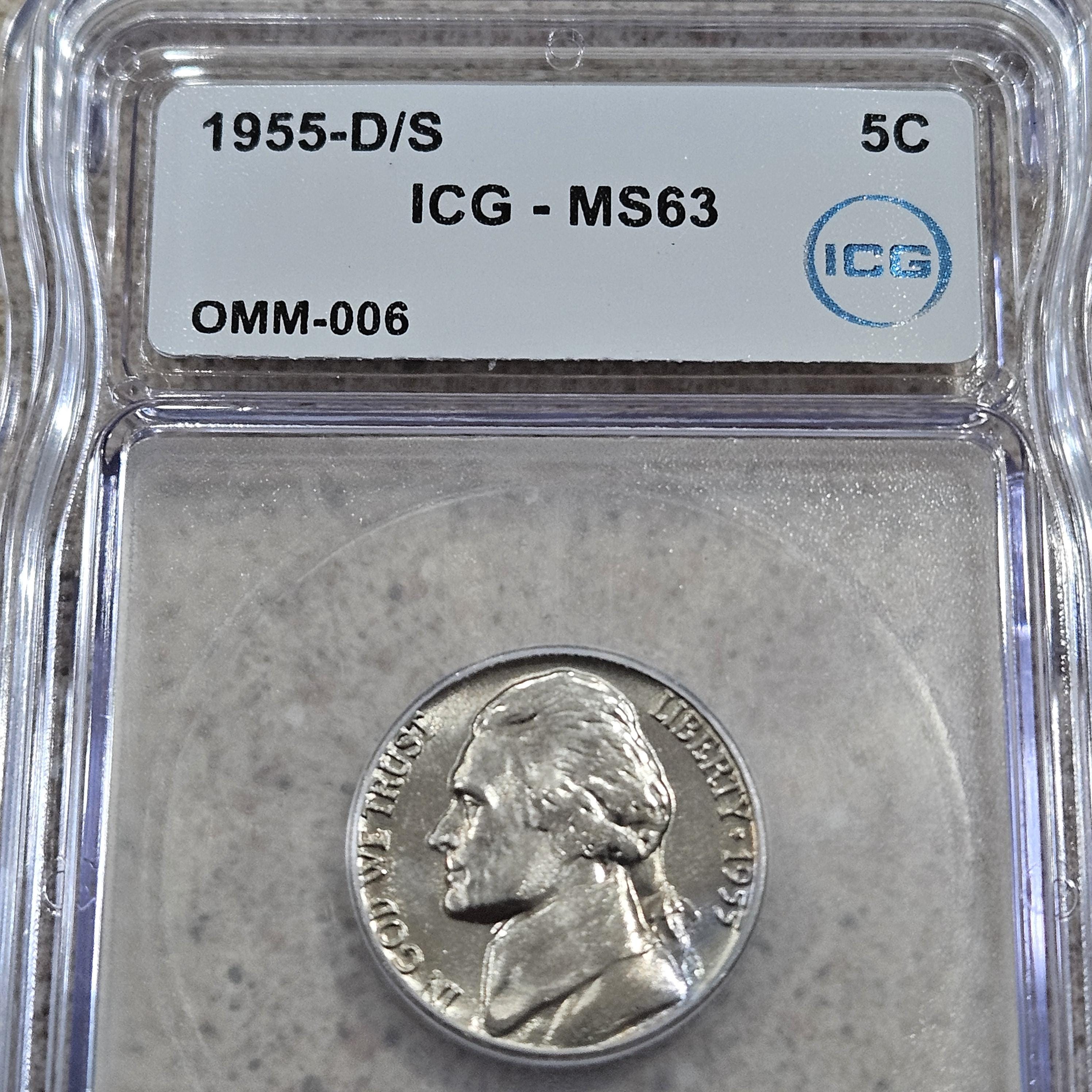 1955 D/S 5C Jefferson Nickel Mint Mark Error Coin ICG Slabbed & Graded ...