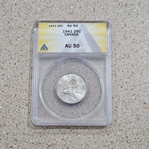 1941 Canada 25 Cents Coin  ANACS Graded AU50- 25C King George IV 80% Silver Coin- Canadian Caribou- Almost Uncirculated- Royal Canadian Mint