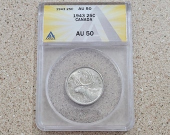 1943 25C Canada 25 Cents Canadian Caribou With King George IV 80% Silver Coin ANACS Slabbed & Graded At AU 50 By Royal Canadian Mint