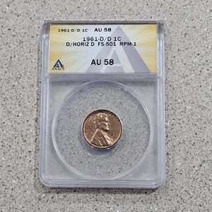 Vintage 1961-D/D 1C Lincoln Memorial Cent Bronze Coin Mint Error D/Horiz D FS-501 RPM-1 ANACS Slabbed & Graded At AU58