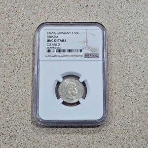 Vintage 1865 A Germany Prussia 2.5 Silber Groschen Coin German States Wilhelm I NGC Slabbed & Graded At UNC Details CLEANED- Silver Coin