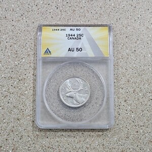 1944 Canada 25 Cents Coin ANACS Graded AU 50- 25C King George IV 80% Silver Coin- Canadian Caribou- Almost Uncirculated- Royal Canadian Mint