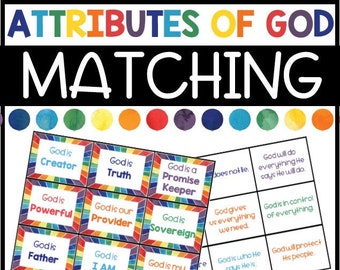 May include: A colourful matching game with rainbow borders and the words "Attributes of God" and "Bible Lesson Supplement" printed on the cards. The cards feature different attributes of God, such as "God is Creator", "God is Truth", "God is a Promise Keeper", "God is Powerful", "God is our Provider", "God is Sovereign", "God is Father", "God is I AM", "God is my Protector", "God will do everything He says He will do", "God gives us everything we need", "God is in control of everything", "God is who He says He is", and "God will protect His people".
