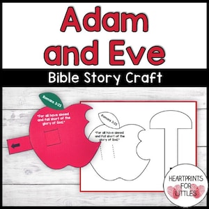 May include: A printable craft for kids featuring a red apple with a bite taken out of it. The apple has the Bible verse Romans 3:23, "For all have sinned and fall short of the glory of God." printed on it. The craft is designed to teach children about the story of Adam and Eve.