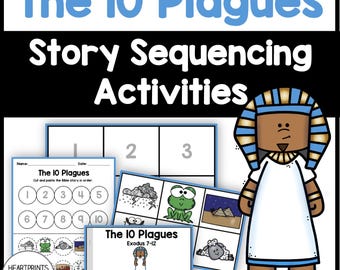 May include: A printable educational activity for kids featuring a sequencing activity for the 10 plagues from the Bible story of Exodus. The activity includes a grid with numbers 1 through 10 and images of the plagues, such as frogs, hail, and locusts. The text "The 10 Plagues" and "Exodus 7-12" is included.
