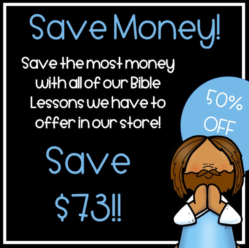 K&ouml;nnte beinhalten: Eine Schwarzwei&szlig;illustration einer Person mit braunen Haaren und Bart, die die H&auml;nde zum Gebet gefaltet hat. Der Text "Save Money!" ist in blauen Buchstaben auf schwarzem Hintergrund. Der Text "Save the most money with all of our Bible Lessons we have to offer in our store!" ist in wei&szlig;en Buchstaben auf schwarzem Hintergrund. Der Text "Save 73&euro;!!" ist in blauen Buchstaben auf schwarzem Hintergrund. Der Text "50% OFF" ist in wei&szlig;en Buchstaben auf einem blauen Kreis.