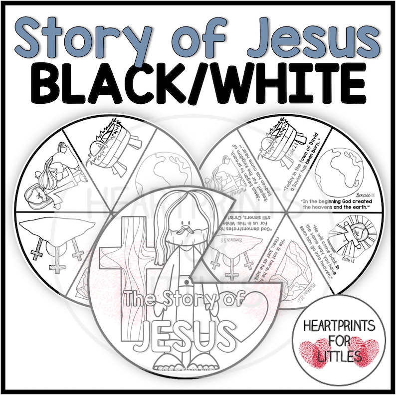 May include: Black and white printable wheel with six sections, each depicting a scene from the story of Jesus. The center of the wheel features a heart with the word "JESUS" inside. The text "The Story of JESUS" is written above the heart. The wheel is designed for children's crafts and religious education.