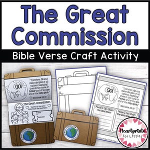 Puede incluir: Una actividad artesanal titulada "The Great Commission" con plantillas en forma de maleta. Las plantillas incluyen versículos bíblicos, un globo terráqueo y el texto "GO!". El diseño es en blanco, negro y marrón, con un logotipo en forma de corazón rosa y rojo en la esquina inferior derecha.
