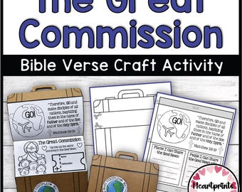 May include: A craft activity titled "The Great Commission" with suitcase-shaped templates. The templates include Bible verses, a globe, and the text "GO!". The design is in black, white, and brown, with a pink and red heart-shaped logo in the bottom right corner.