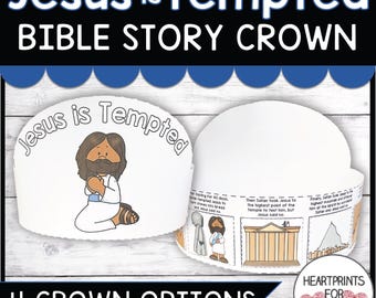 Puede incluir: Una corona de papel blanco con el texto "Jesus is Tempted" e ilustraciones de la historia bíblica. La corona presenta un dibujo de Jesús y escenas de la narración de la tentación. También está presente el texto "BIBLE STORY CROWN".