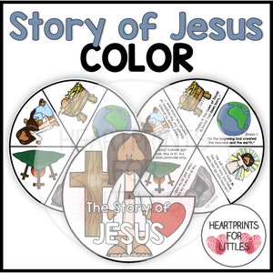 May include: A printable coloring page for kids featuring a circle divided into six sections, each depicting a scene from the story of Jesus. The scenes include Jesus' birth, the creation of the world, Jesus' crucifixion, Jesus' resurrection, and Jesus' ascension into heaven. The center of the circle features the words "The Story of Jesus" with a red heart.
