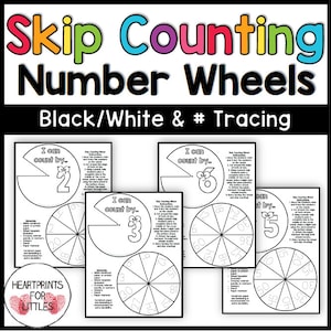 May include: Black and white printable skip counting number wheels for kids. The wheels feature numbers 2, 3, 5, and 6. The text "I can count by..." is on each wheel.