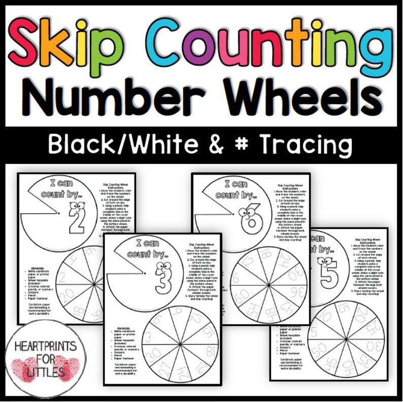 May include: Black and white printable skip counting number wheels for kids. The wheels feature numbers 2, 3, 5, and 6. The text "I can count by..." is on each wheel.
