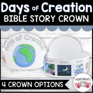 May include: Two paper crowns with the text "Days of Creation" and "Bible Story Crown". One crown features a globe illustration. The other crown has illustrations of the sun, moon, stars, and sea creatures. The text "4 Crown Options" is also visible.