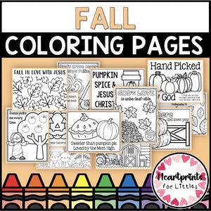 Peut inclure: Plusieurs pages à colorier sur le thème de l'automne, avec des citrouilles, des feuilles et des thèmes religieux. Les mots "FALL COLORING PAGES" sont en haut. Une bordure de crayons est en bas, et le logo Heartprints for Littles est en bas à droite.
