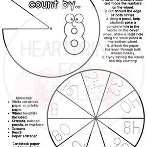 May include: Black and white printable skip counting wheel with the number 8 in the center and numbers 8, 16, 24, 32, 40, 48, 56, 64, 72, 80, 88, and 96 around the wheel. The text "I can count by..." is at the top of the wheel. The text "Skip Counting Wheel Instructions" is on the right side of the wheel. The text "Materials" is on the left side of the wheel. The text "Cardstock paper and laminating is recommended for extra durability." is at the bottom of the wheel.
