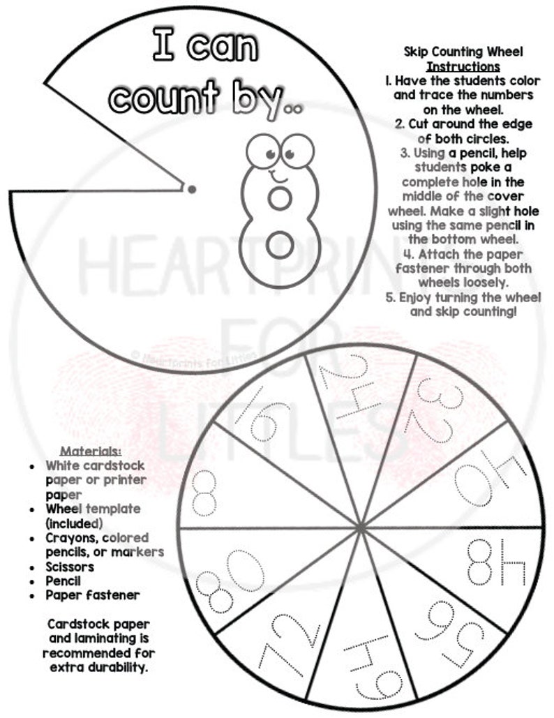 May include: Black and white printable skip counting wheel with the number 8 in the center and numbers 8, 16, 24, 32, 40, 48, 56, 64, 72, 80, 88, and 96 around the wheel. The text "I can count by..." is at the top of the wheel. The text "Skip Counting Wheel Instructions" is on the right side of the wheel. The text "Materials" is on the left side of the wheel. The text "Cardstock paper and laminating is recommended for extra durability." is at the bottom of the wheel.