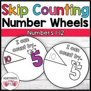May include: Two printable number wheels for skip counting. The wheels are divided in half, with the number 10 written on one side and the number 5 on the other. The text "I can count by..." is written above the number 5 on each wheel.