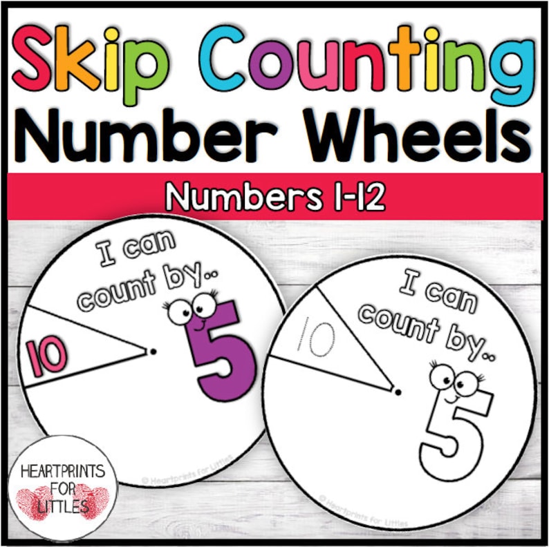 May include: Two printable number wheels for skip counting. The wheels are divided in half, with the number 10 written on one side and the number 5 on the other. The text "I can count by..." is written above the number 5 on each wheel.