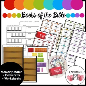 May include: A colorful printable set of worksheets, flashcards, and memory match cards for learning the books of the Bible. The set includes a title card that says "Books of the Bible" and a variety of cards with the names of different books of the Bible.