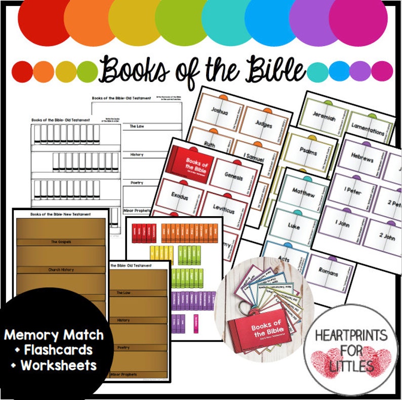 May include: A colorful printable set of worksheets, flashcards, and memory match cards for learning the books of the Bible. The set includes a title card that says "Books of the Bible" and a variety of cards with the names of different books of the Bible.