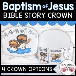 Puede incluir: Una corona artesanal imprimible para niños que presenta la historia del bautismo de Jesús. La corona tiene cuatro secciones con ilustraciones y texto sobre el evento. El texto incluye "Bautismo de Jesús", "En el Jordán", "Jesús fue bautizado" y "Jesús vio al Espíritu de Dios descendiendo como una paloma".
