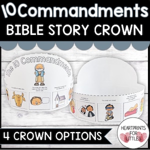 May include: A printable crown craft for kids featuring the 10 Commandments. The crown is made of paper and has illustrations of each commandment. The crown is designed to be cut out and assembled. The text "The 10 Commandments" is written in a circle at the top of the crown. The text "4 Crown Options" is written at the bottom of the crown.