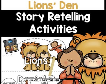 May include: Black and white illustration of Daniel praying in a lion's den. The illustration is part of a set of activities for retelling the story of Daniel and the Lions' Den. The title "Daniel & The Lions' Den" and "Daniel 6" are also included in the image.