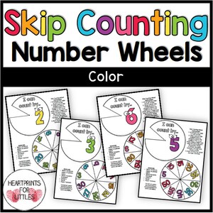 May include: Four printable number wheel templates for skip counting. Each wheel features a different number: 2, 3, 5, and 6. The wheels are designed to be cut out and used for hands-on learning.